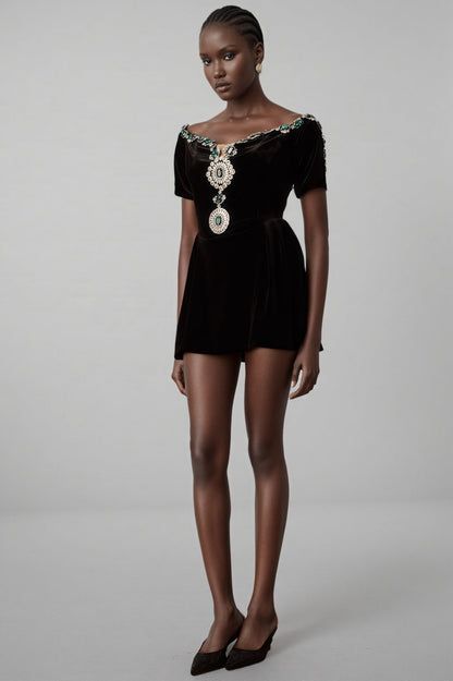 Ivy Black Velvet Embellished Mini Dress