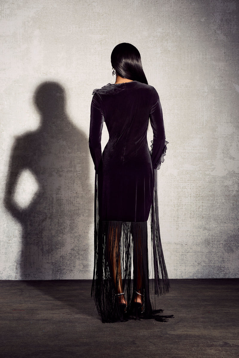 Jennifer Long Sleeve Tassel Velvet Maxi Dress