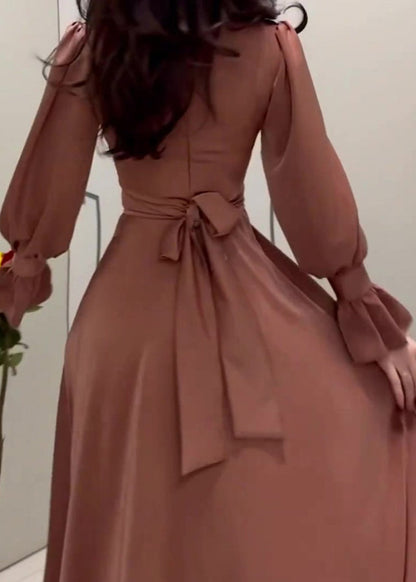 Autumn Waist Cinching Silk Long Dress Wo054