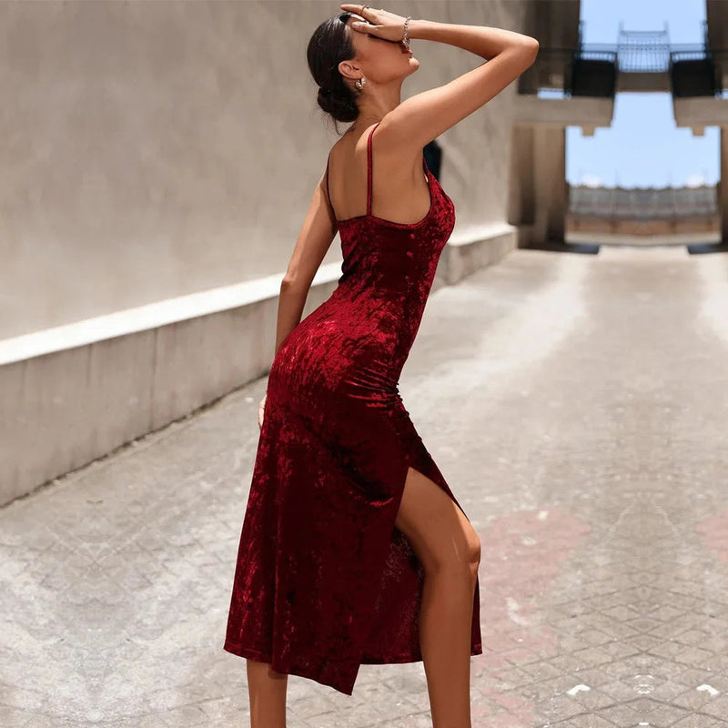 Autumn/winter Puss Temperament Slim-fit Velvet Slit Midi Dresses
