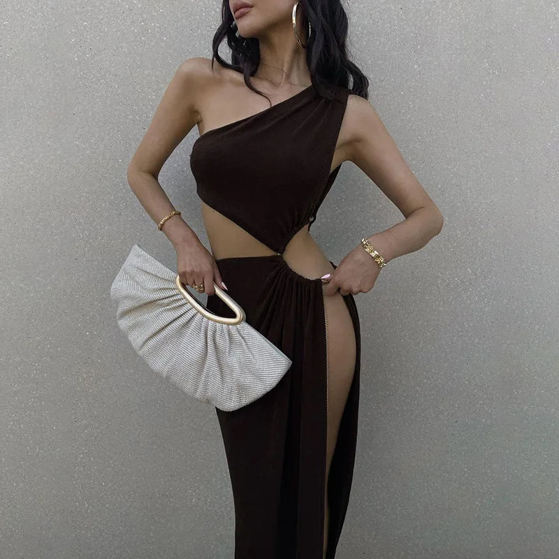 Hollow Oblique Commuter One-shoulder Midi Dresses