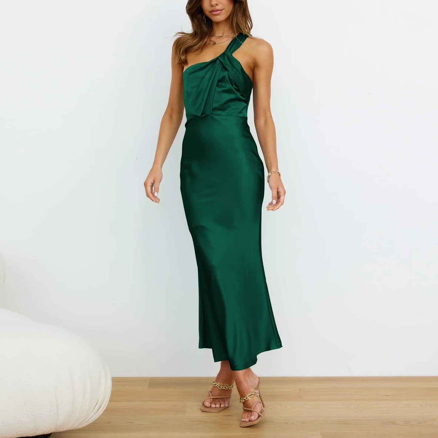 One-shoulder Satin French Slim Midi Dresses