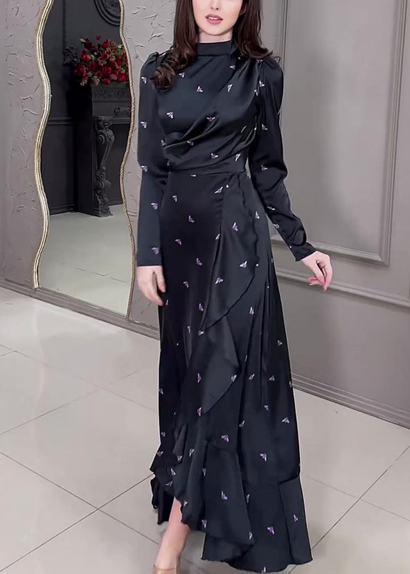 New Black Ruffled Print Silk Long Dress Fall Wo042