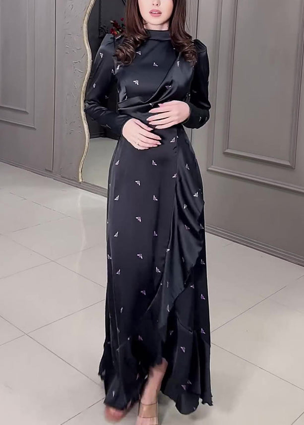 New Black Ruffled Print Silk Long Dress Fall Wo042