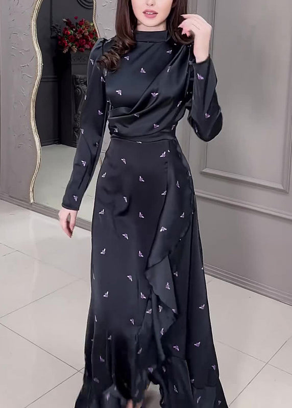 New Black Ruffled Print Silk Long Dress Fall Wo042
