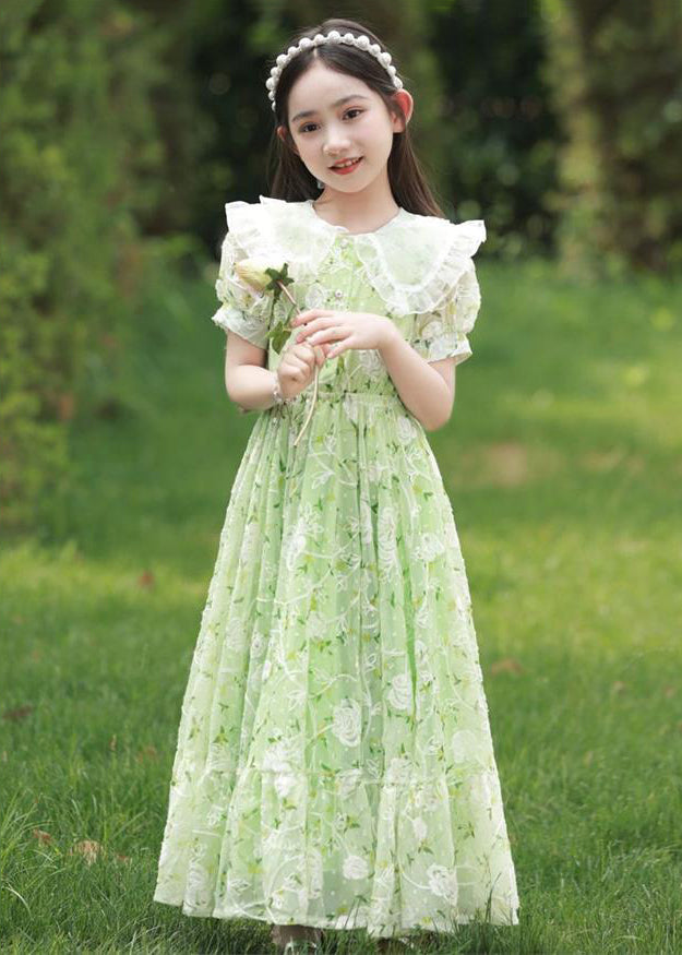 New Green Peter Pan Collar Print Tie Waist Chiffon Maxi Dress Short Sleeve Xz006