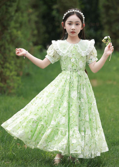 New Green Peter Pan Collar Print Tie Waist Chiffon Maxi Dress Short Sleeve Xz006