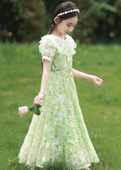 New Green Peter Pan Collar Print Tie Waist Chiffon Maxi Dress Short Sleeve Xz006