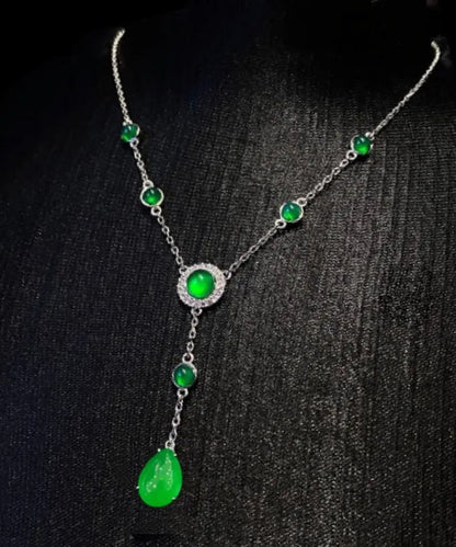 New Green Sterling Silver Overgild Zircon Jade Tassel Pendant Necklace Ac1033