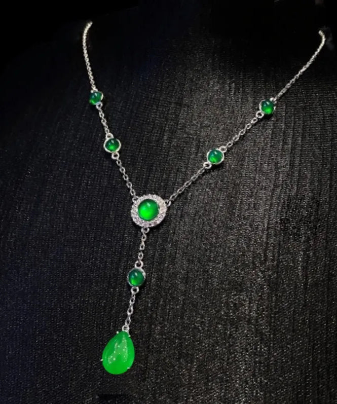 New Green Sterling Silver Overgild Zircon Jade Tassel Pendant Necklace Ac1033