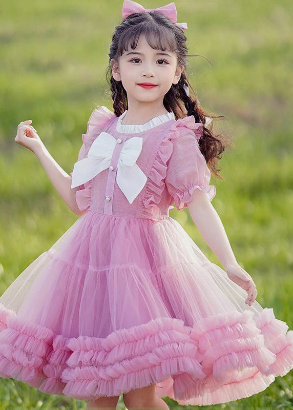New Pink O-neck Bow Ruffled Patchwork Tulle Kids Maxi Dress Summer Ew022