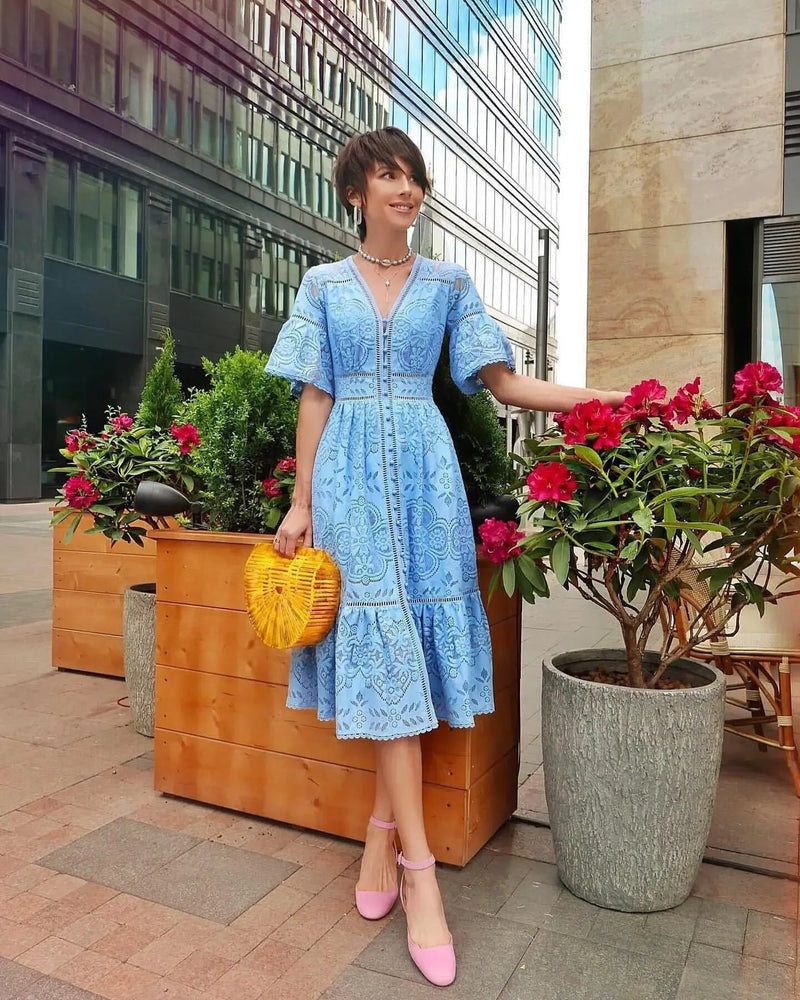 New Lace Flower Hollow Birthday Y2k Midi Dresses