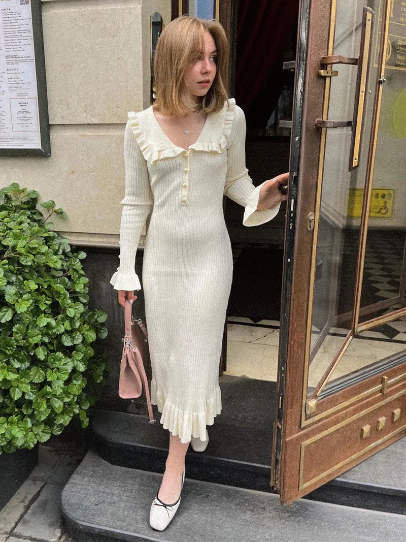Ruffled Long-sleeved High-waisted French Creamy White Midi Dresses