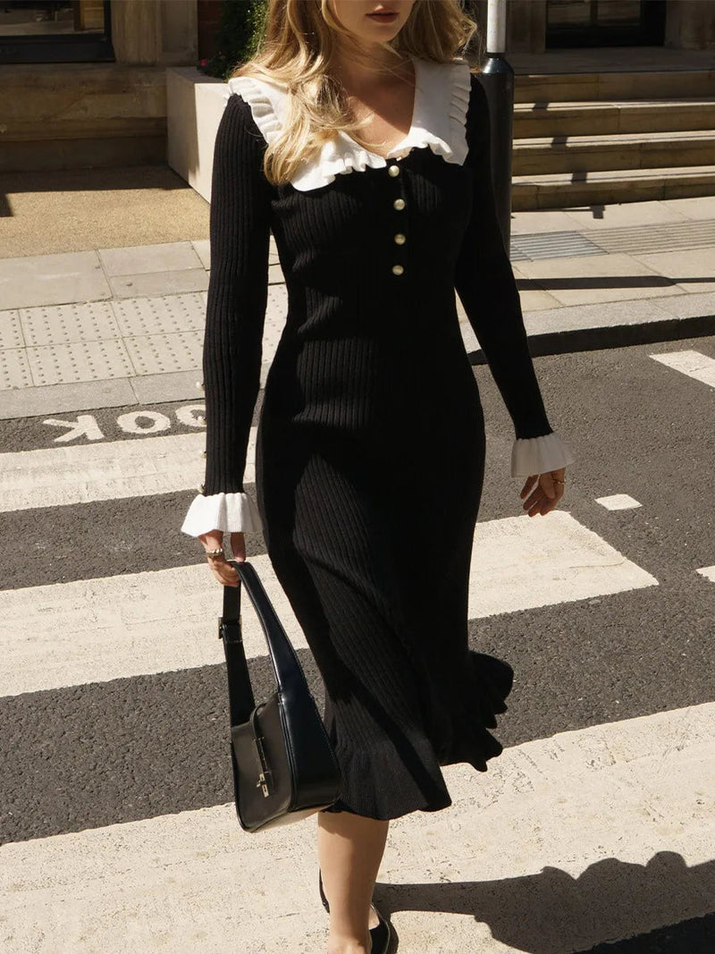 Ruffled Long-sleeved High-waisted French Creamy White Midi Dresses