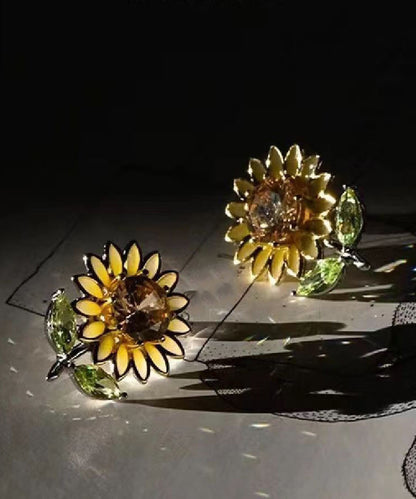 New Yellow Sterling Silver Overgild Zircon Enamel Sunflower Stud Earrings Df1006