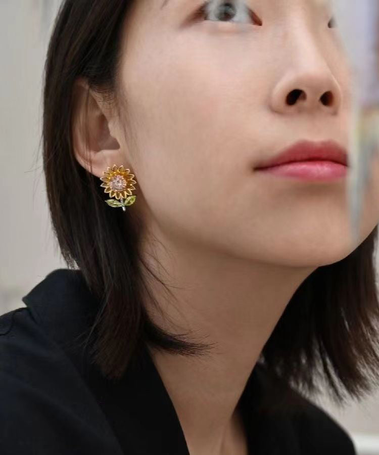 New Yellow Sterling Silver Overgild Zircon Enamel Sunflower Stud Earrings Df1006