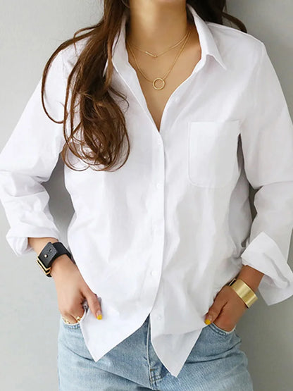 Spring One Pocket White Shirt Feminine Blouse Top Long Sleeve Turn-down Collar Ol Style Loose Blouses