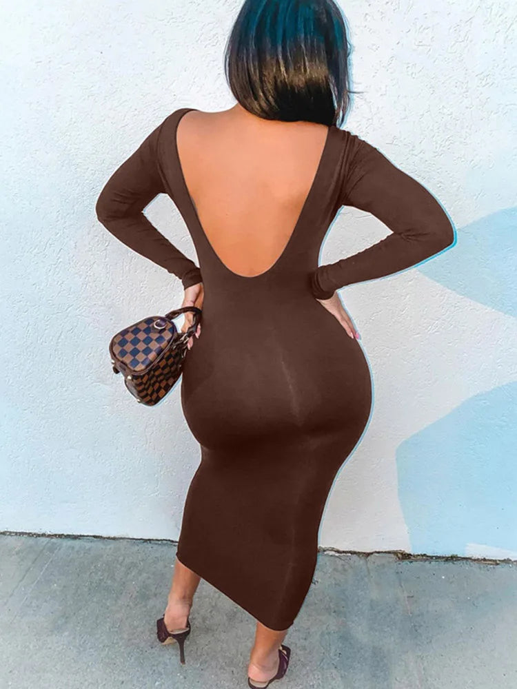 Backless Evening Club Birthday Brown Sleeve Midi Dresses