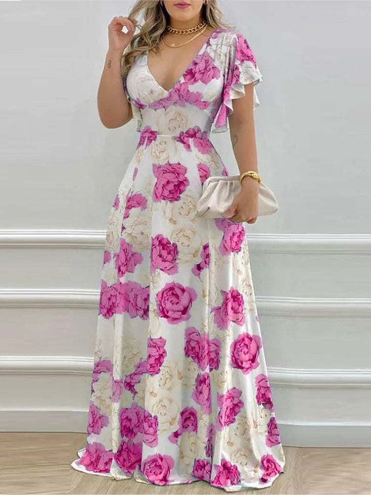 Summer New Flower Print Long Dresses Temperament V-neck Petal Short Sleeves Maxi Dress Lady Commuting Vestido