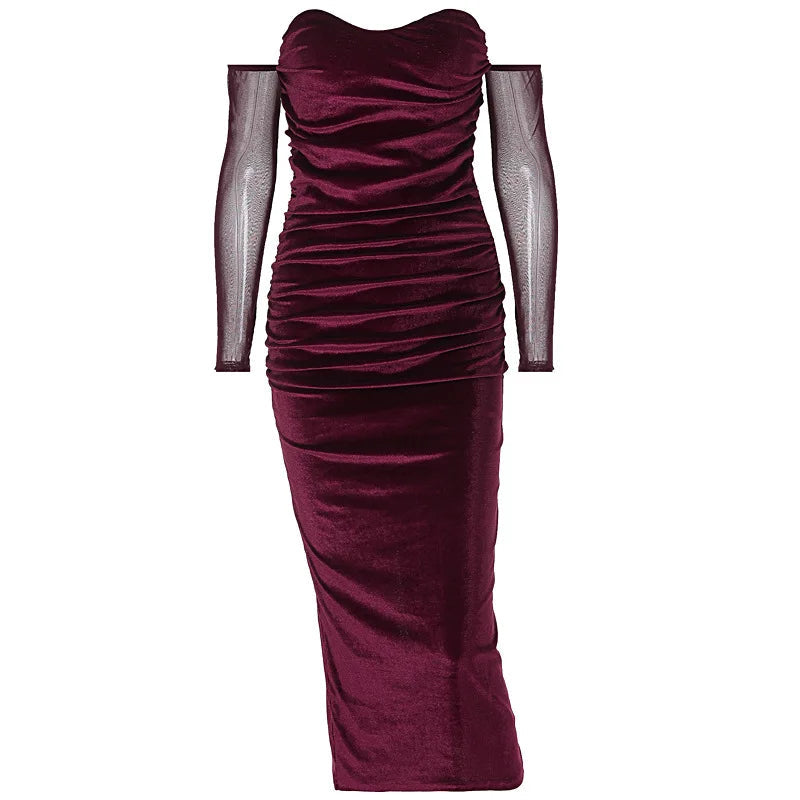 Bodycon Off-the-shoulder Velvet Mesh Y2k Midi Dresses