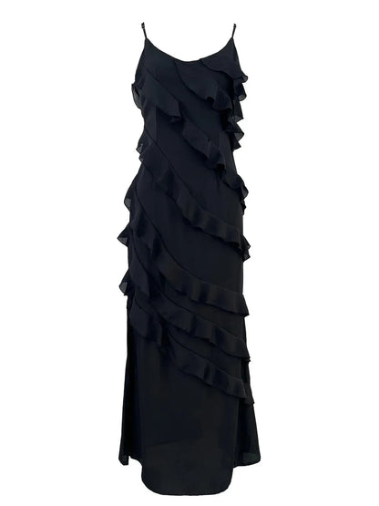 Chiffon Maxi Dress With Ruffles and Backless Split - Long Summer Wedding/christmas Party Outfit