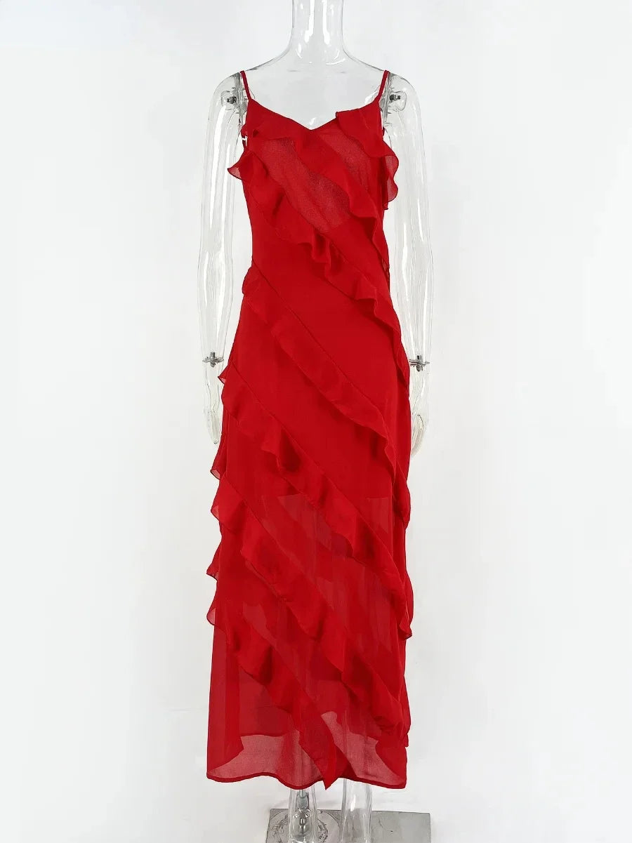 Chiffon Maxi Dress With Ruffles and Backless Split - Long Summer Wedding/christmas Party Outfit