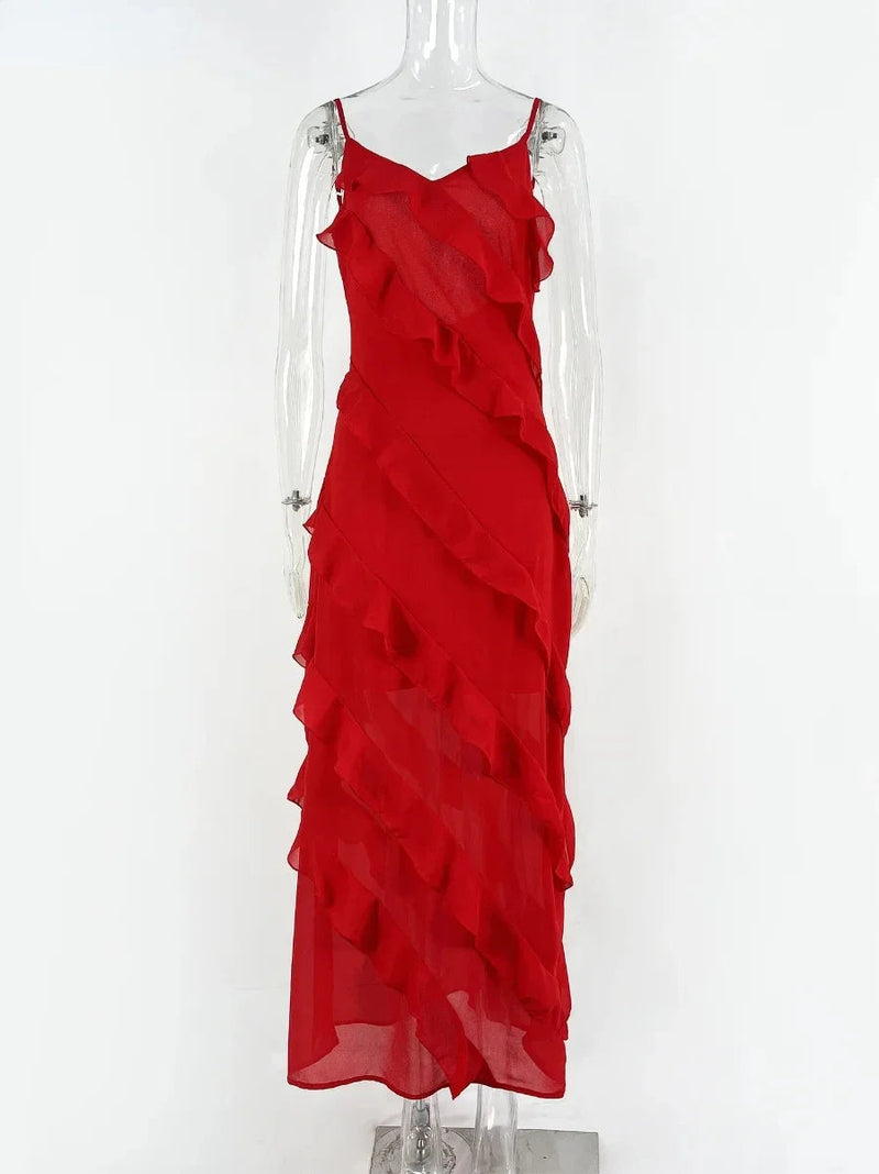 Chiffon Maxi Dress With Ruffles and Backless Split - Long Summer Wedding/christmas Party Outfit