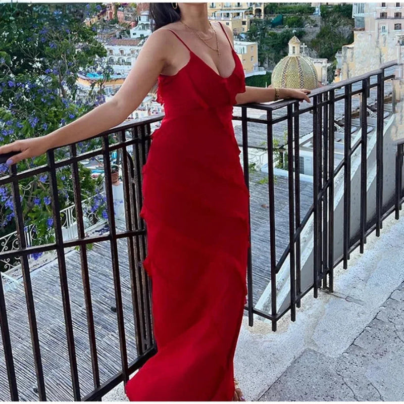 Chiffon Maxi Dress With Ruffles and Backless Split - Long Summer Wedding/christmas Party Outfit