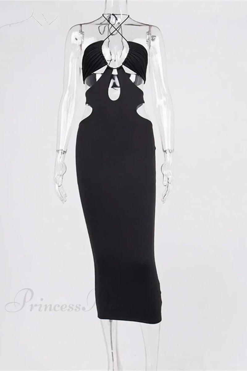 Cut Out Party Evening Black Summer Hollow Out Halter Wrap Long Backless Midi Dress