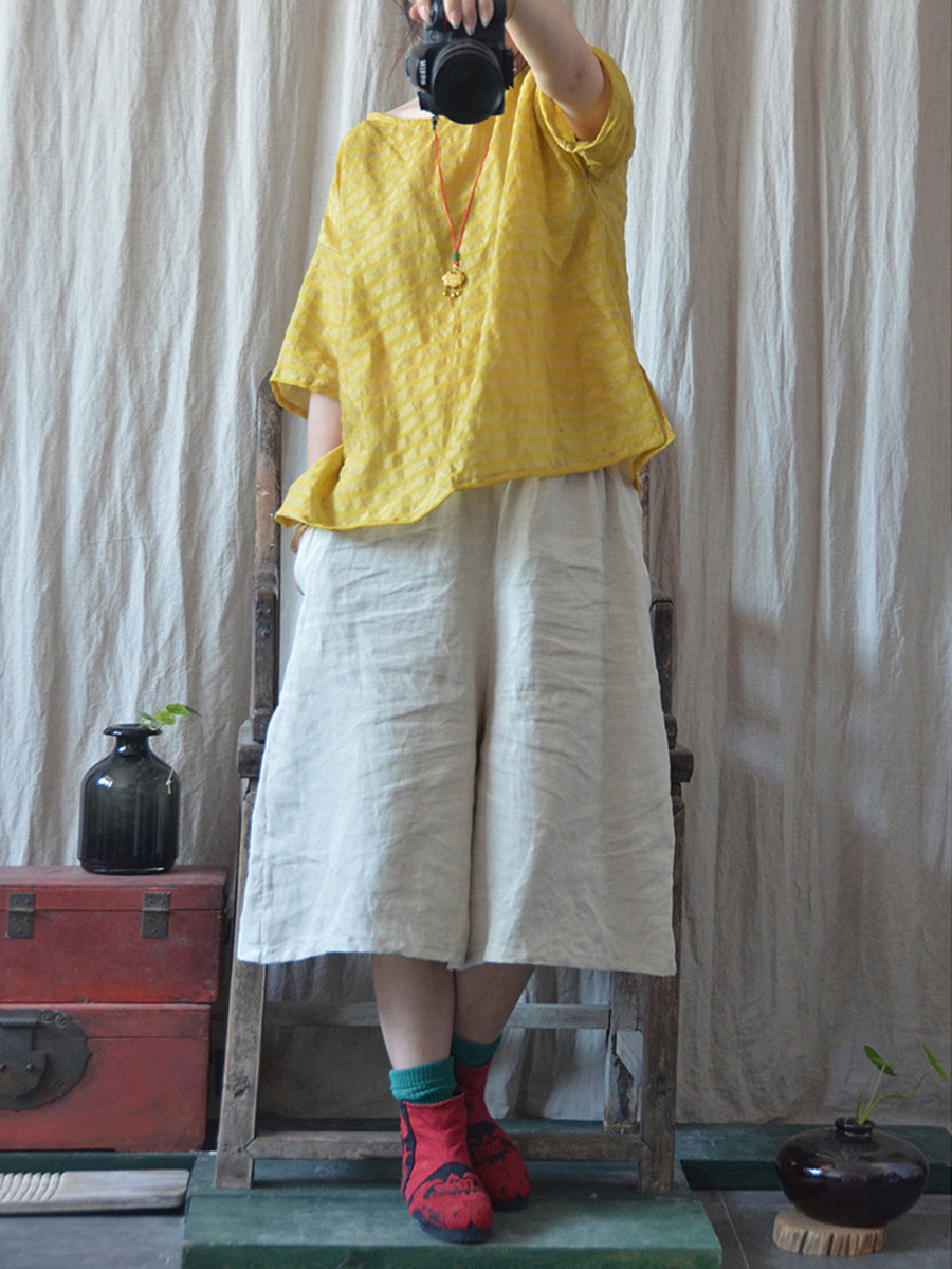 Artsy Stripe Linen O-neck Blouse Co1027