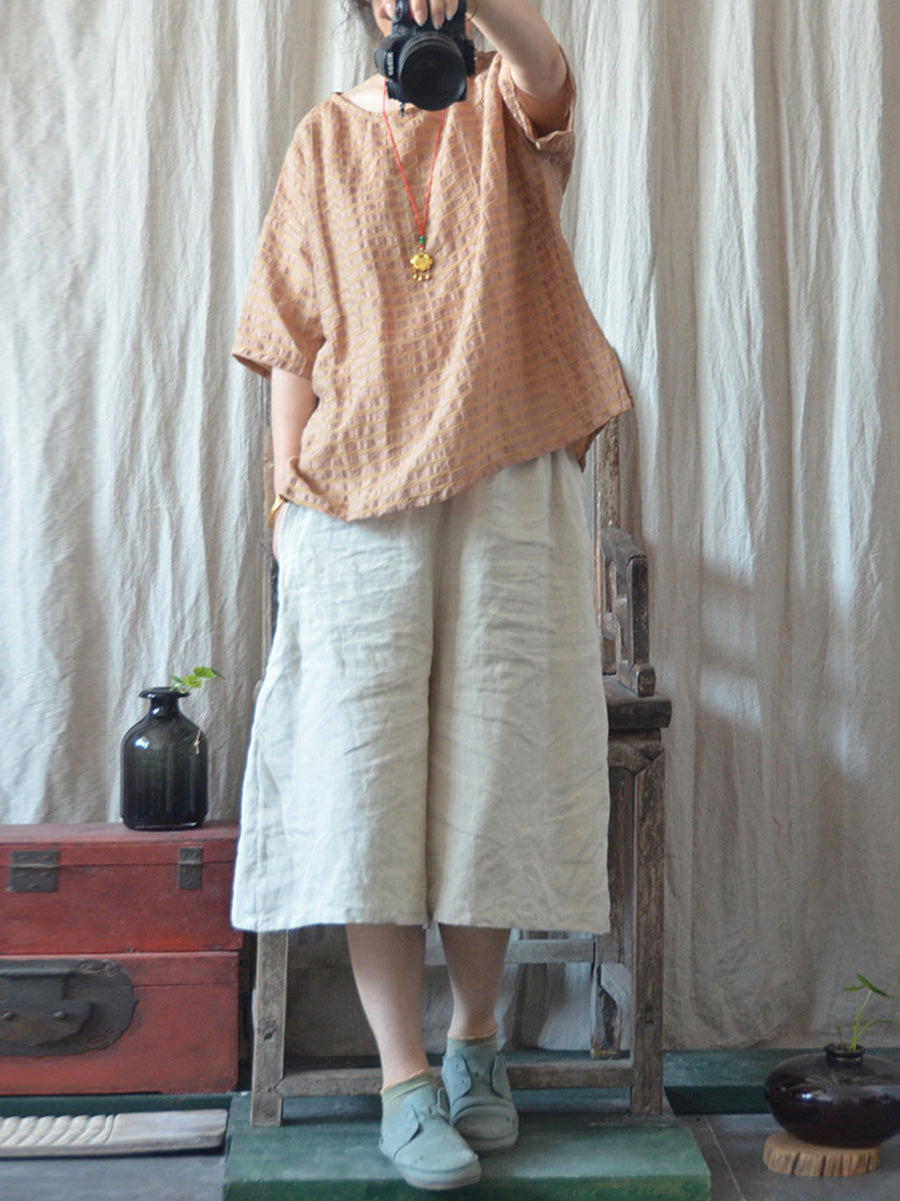 Artsy Stripe Linen O-neck Blouse Co1027