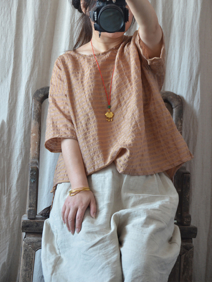 Artsy Stripe Linen O-neck Blouse Co1027