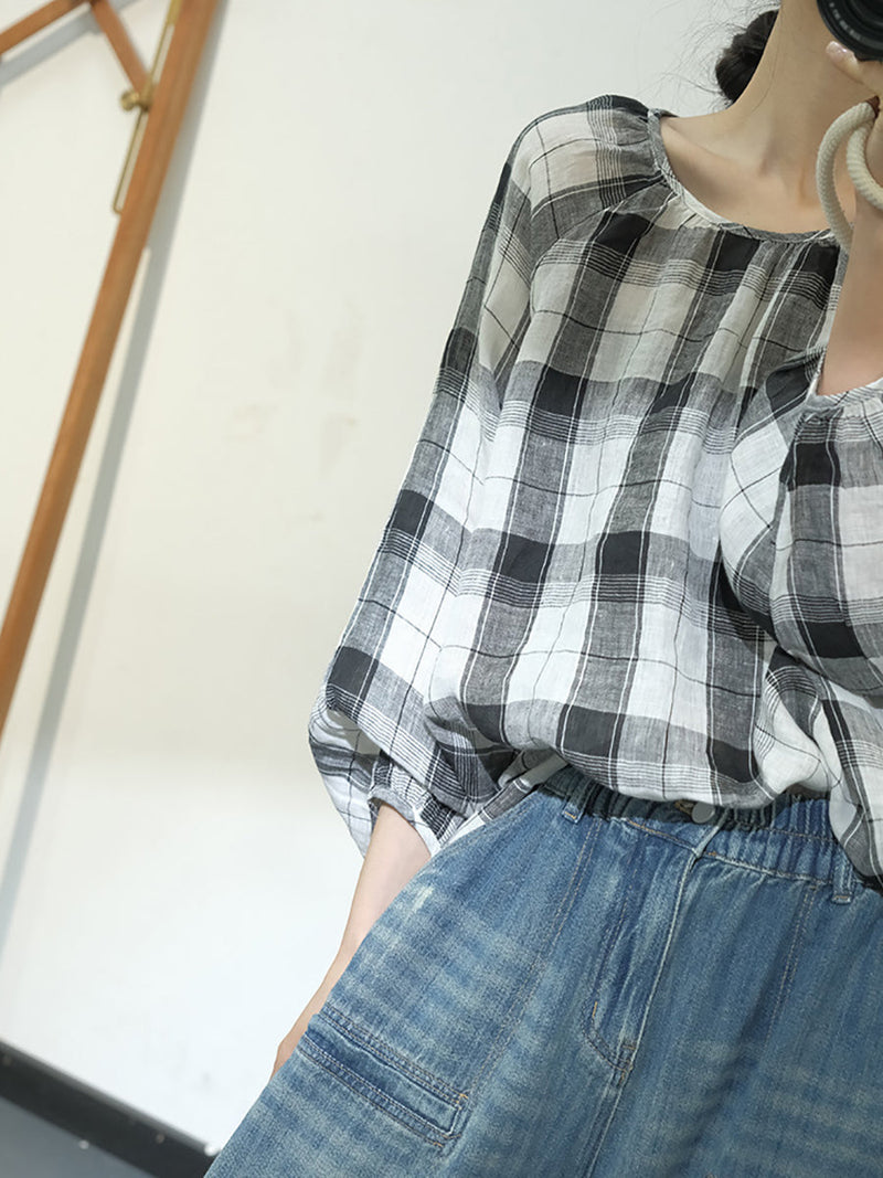 Spring Plaid Artsy Linen Loose Blouse Kl1048
