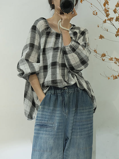 Spring Plaid Artsy Linen Loose Blouse Kl1048