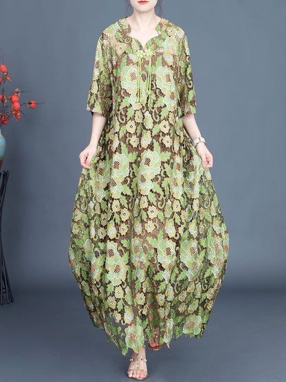 Artsy Summer Flower Lace Dual-layer Maxi Dress Kl1051