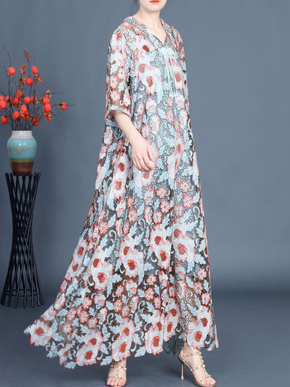 Artsy Summer Flower Lace Dual-layer Maxi Dress Kl1051