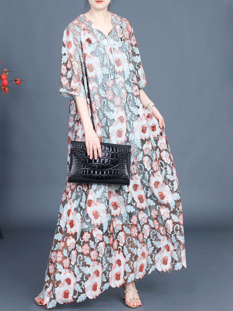 Artsy Summer Flower Lace Dual-layer Maxi Dress Kl1051