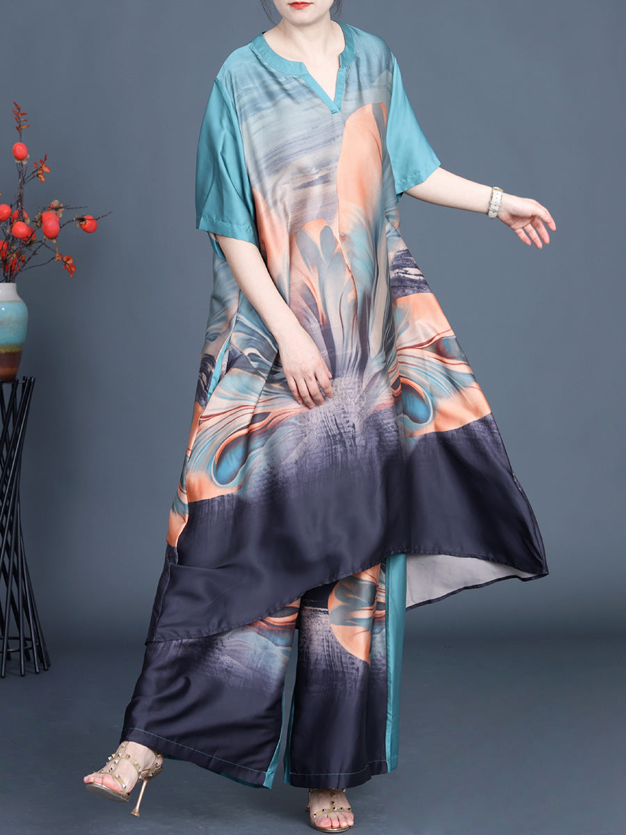 Irregular Flower Long Shirt+pants Kl1043