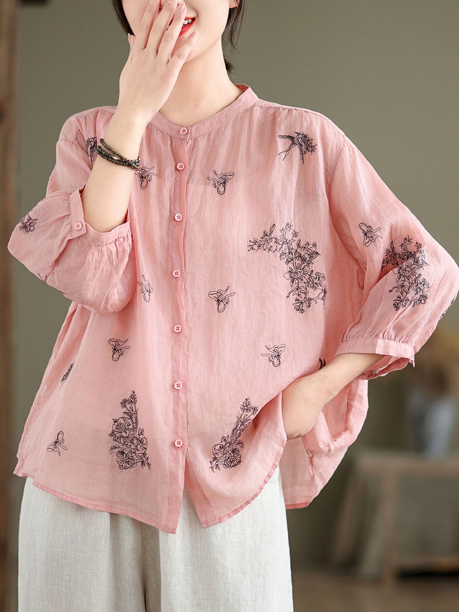 Artsy Flower Summer Ramie Blouse Kl1018