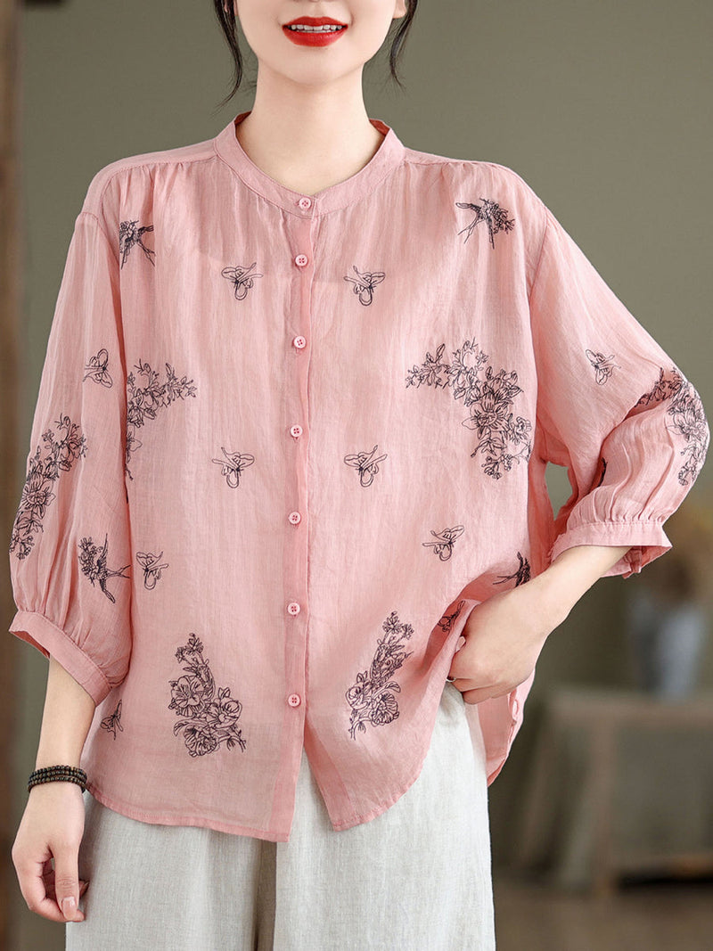 Artsy Flower Summer Ramie Blouse Kl1018