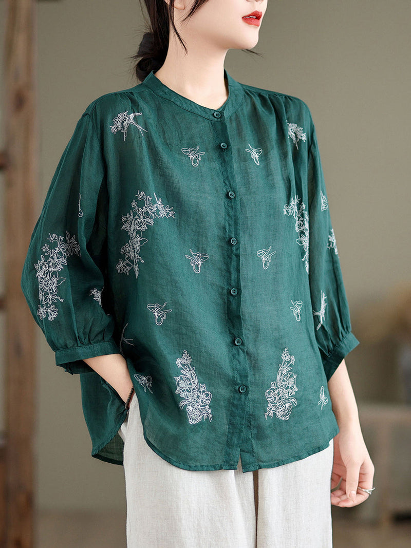 Artsy Flower Summer Ramie Blouse Kl1018
