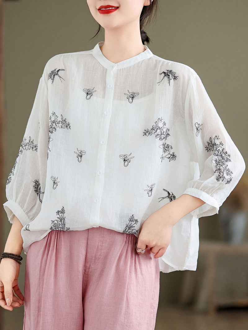 Artsy Flower Summer Ramie Blouse Kl1018
