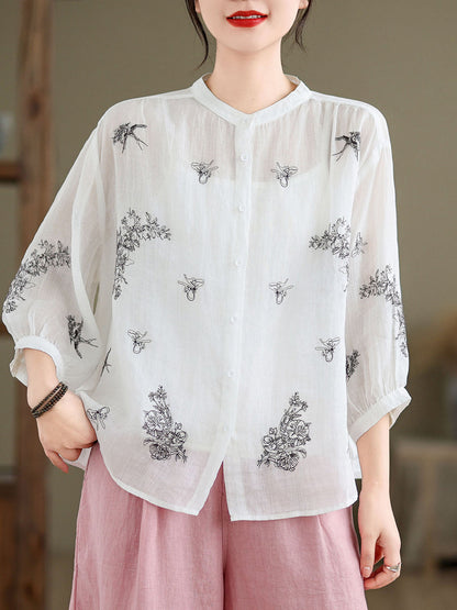Artsy Flower Summer Ramie Blouse Kl1018