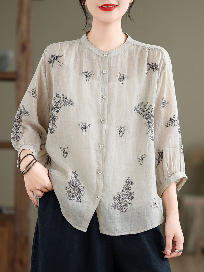 Artsy Flower Summer Ramie Blouse Kl1018