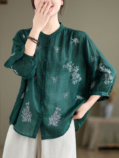 Artsy Flower Summer Ramie Blouse Kl1018
