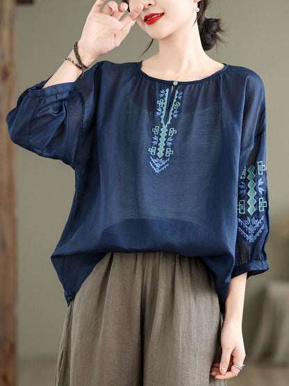 Artsy Summer Embroidery O-neck Ramie Blouse Kl1019