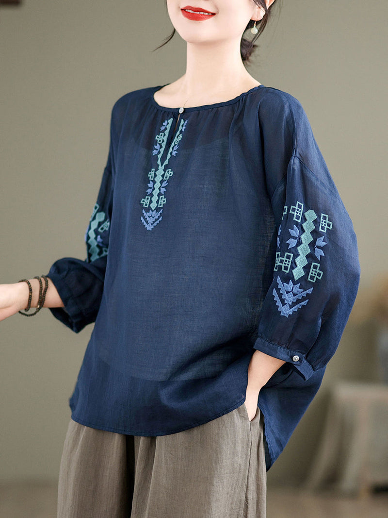 Artsy Summer Embroidery O-neck Ramie Blouse Kl1019