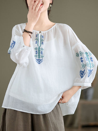 Artsy Summer Embroidery O-neck Ramie Blouse Kl1019