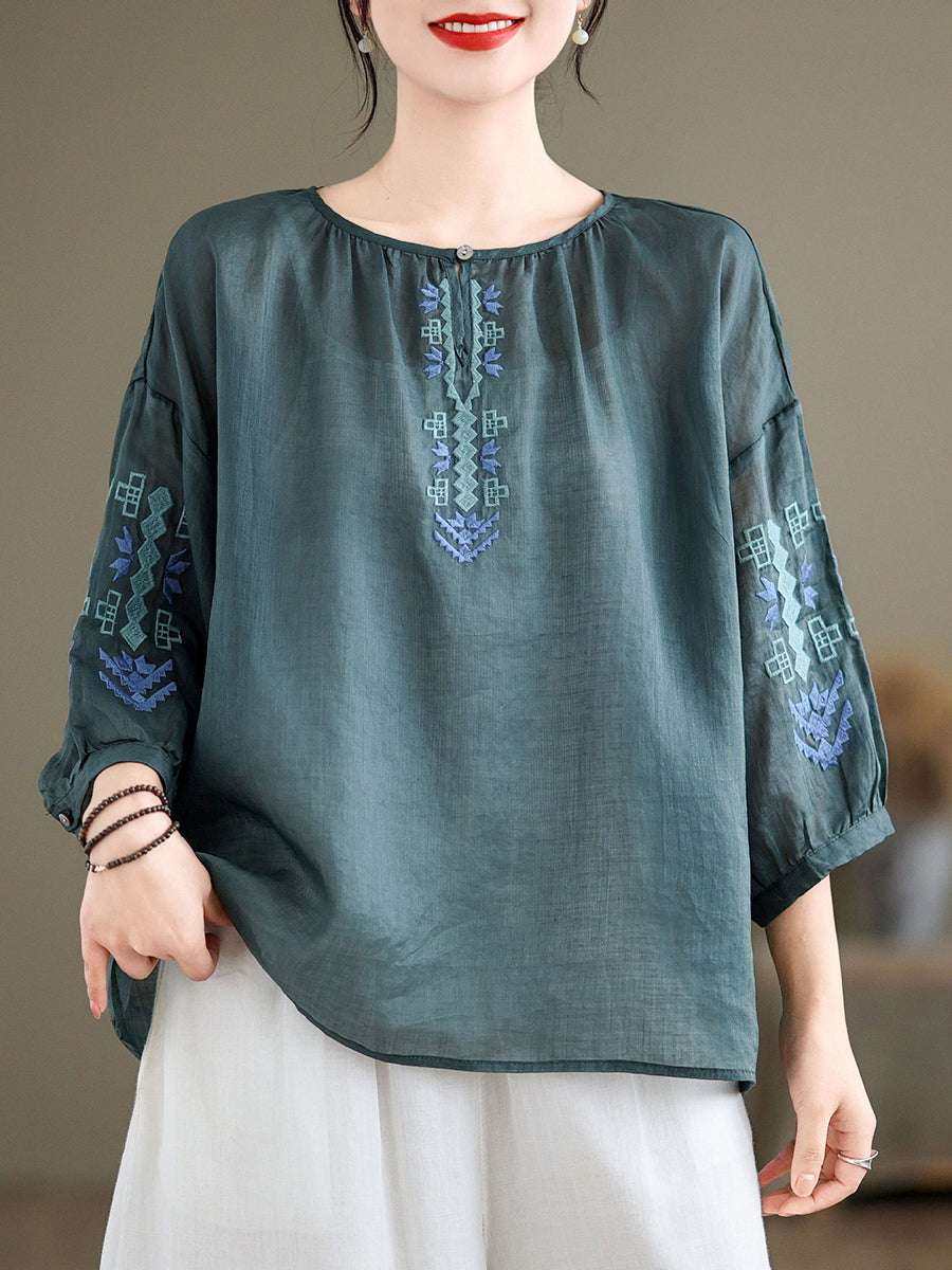 Artsy Summer Embroidery O-neck Ramie Blouse Kl1019
