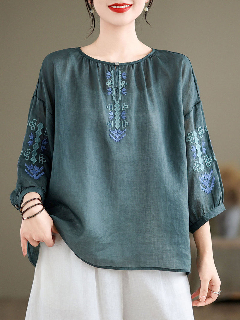 Artsy Summer Embroidery O-neck Ramie Blouse Kl1019